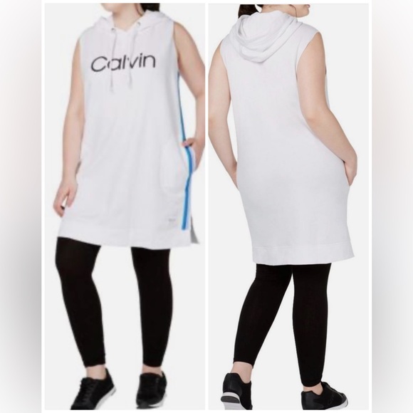 Calvin Klein Dresses & Skirts - NWT Calvin Klein Performance Hooded Logo Sweatshirt Mini Dress White Pockets 2X